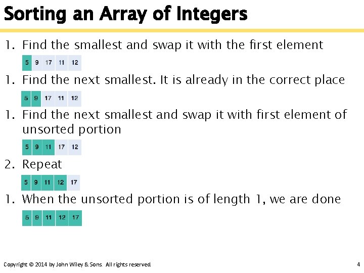 Sorting an Array of Integers 1. Find the smallest and swap it with the