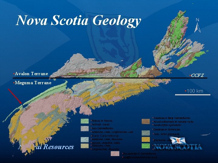 Nova Scotia Geology • Avalon Terrane • CCFZ • Meguma Terrane • 100 km