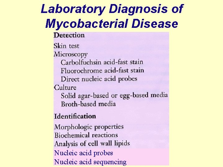 Laboratory Diagnosis of Mycobacterial Disease Nucleic acid probes Nucleic acid sequencing 