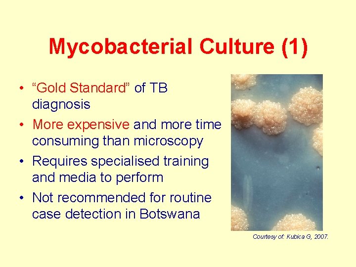 Mycobacterial Culture (1) • “Gold Standard” of TB diagnosis • More expensive and more