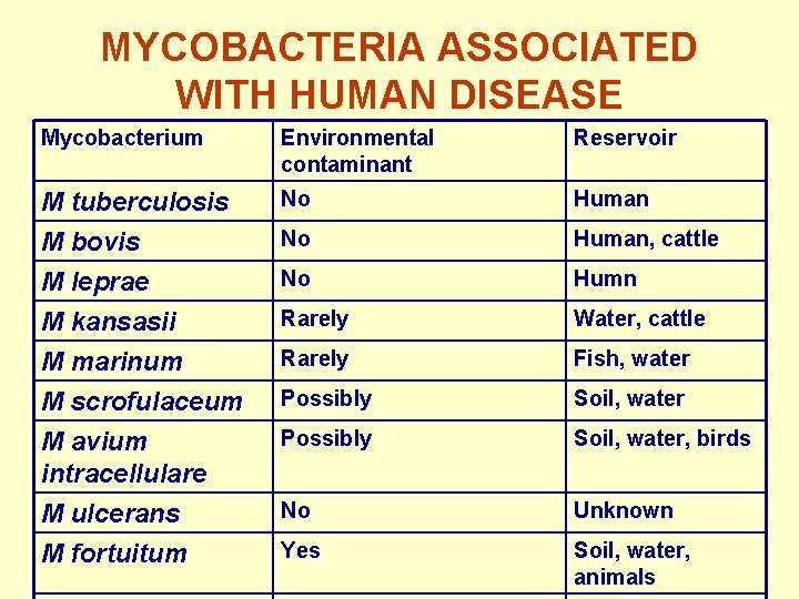 MYCOBACTERIA ASSOCIATED WITH HUMAN DISEASE Mycobacterium Environmental contaminant Reservoir M tuberculosis M bovis No