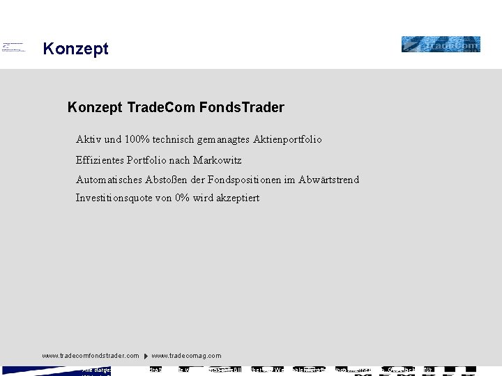 Konzept Trade. Com Fonds. Trader Aktiv und 100% technisch gemanagtes Aktienportfolio Effizientes Portfolio nach