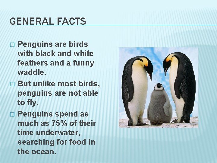 GENERAL FACTS � � � Penguins are birds with black and white feathers and