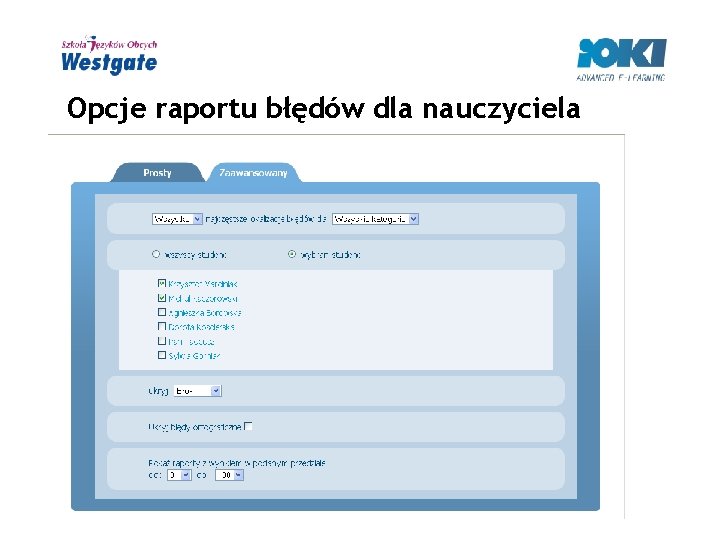 Opcje raportu błędów dla nauczyciela 