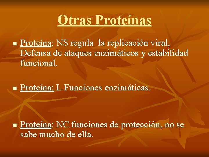 Otras Proteínas n n n Proteína: NS regula la replicación viral, Defensa de ataques