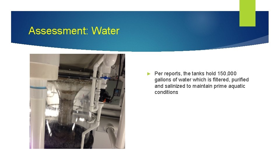 Assessment: Water ► Per reports, the tanks hold 150, 000 gallons of water which