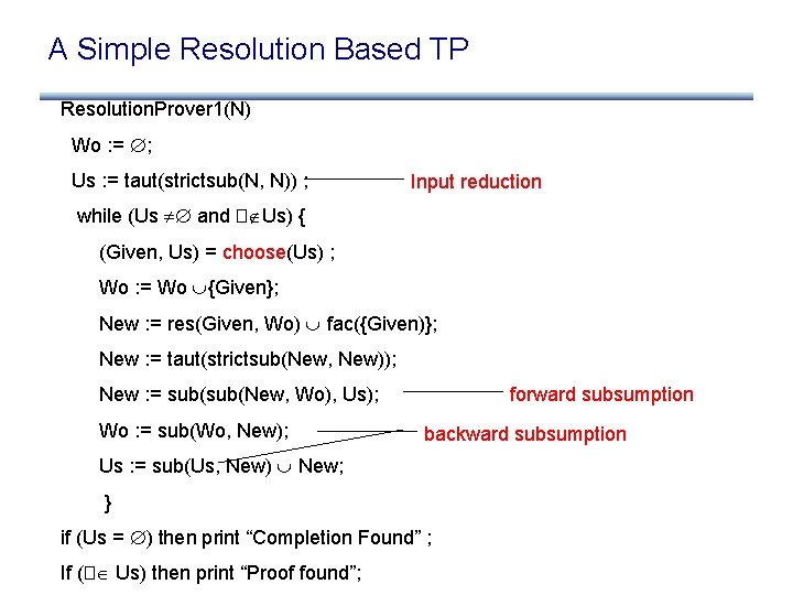 A Simple Resolution Based TP Resolution. Prover 1(N) Wo : = ; Us :