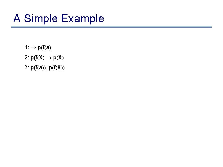 A Simple Example 1: p(f(a) 2: p(f(X) p(X) 3: p(f(a)), p(f(X)) 