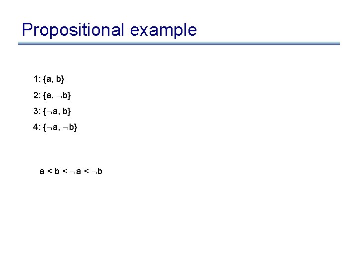 Propositional example 1: {a, b} 2: {a, b} 3: { a, b} 4: {