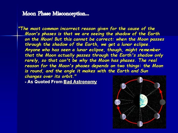 Moon Phase Misconception. . . "The most common incorrect reason given for the cause