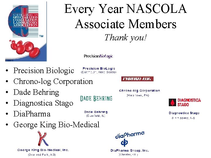 Every Year NASCOLA Associate Members Thank you! • • • Precision Biologic Chrono-log Corporation