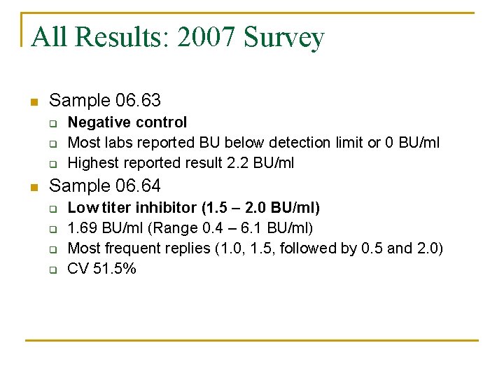 All Results: 2007 Survey Sample 06. 63 q q q Negative control Most labs