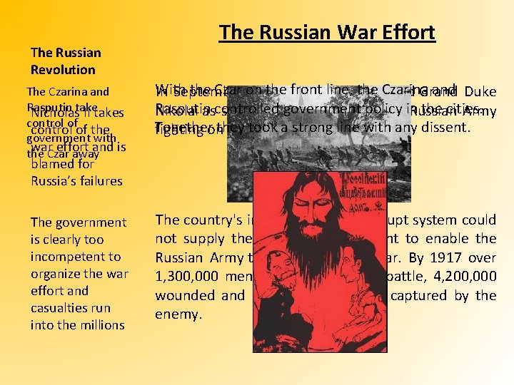 The Russian Revolution The Russian War Effort The Czarina and Rasputin Nicholastake II takes