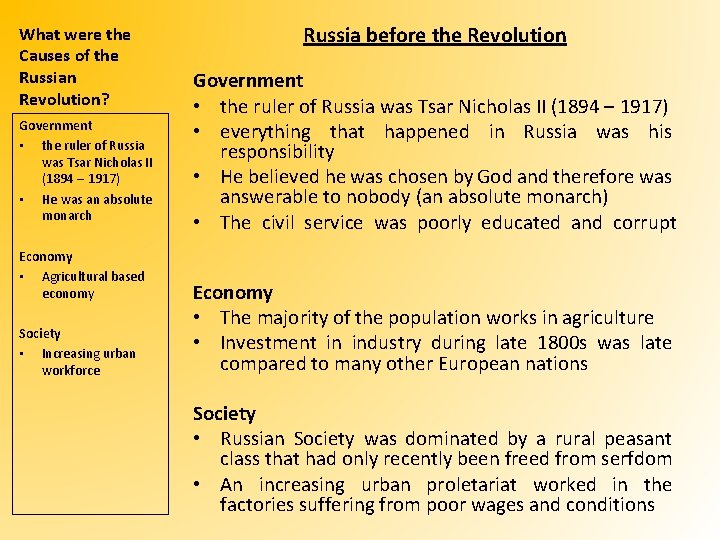 What were the Causes of the Russian Revolution? Government • the ruler of Russia