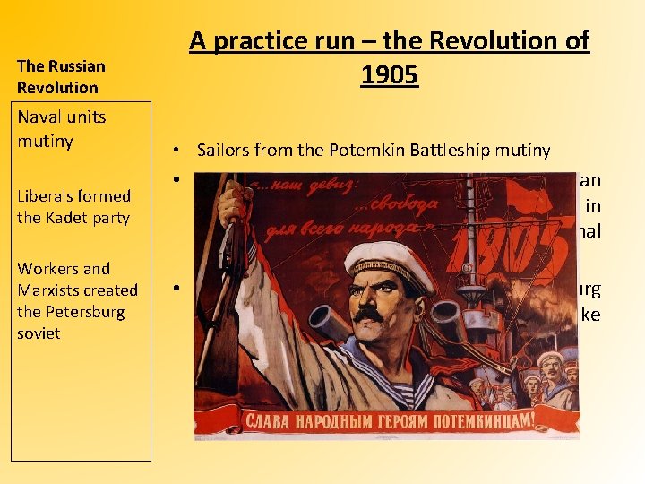 The Russian Revolution Naval units mutiny Liberals formed the Kadet party Workers and Marxists