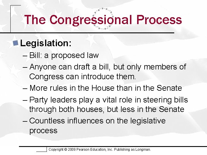 The Congressional Process Legislation: – Bill: a proposed law – Anyone can draft a
