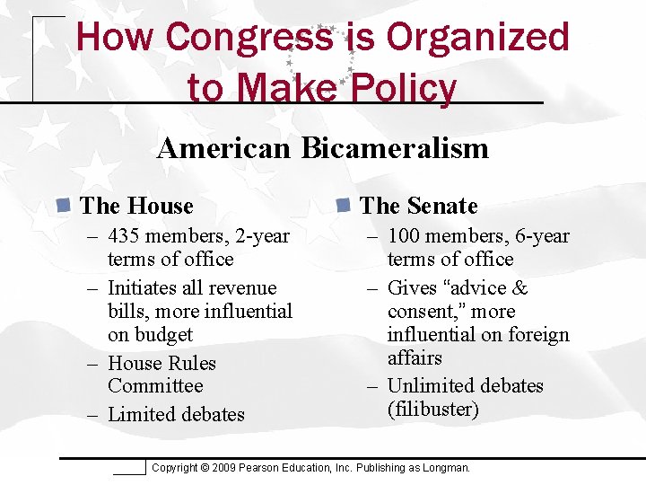 How Congress is Organized to Make Policy American Bicameralism The House – 435 members,