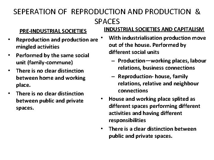 SEPERATION OF REPRODUCTION AND PRODUCTION & SPACES • • INDUSTRIAL SOCIETIES AND CAPITALISM PRE-INDUSTRIAL