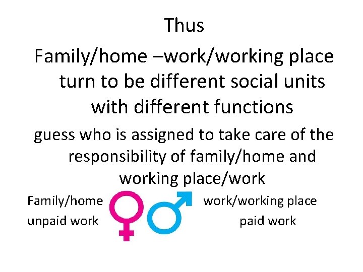 Thus Family/home –work/working place turn to be different social units with different functions guess