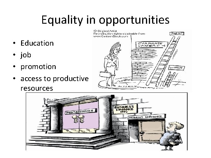 Equality in opportunities • • Education job promotion access to productive resources 