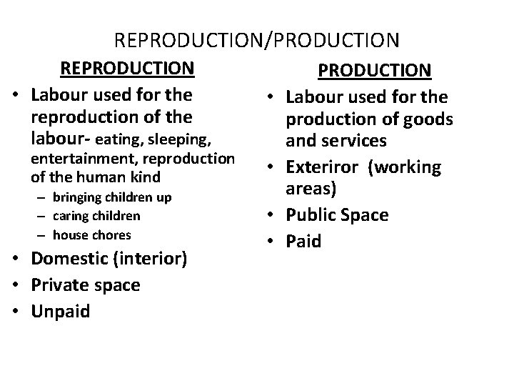 REPRODUCTION/PRODUCTION REPRODUCTION • Labour used for the reproduction of the labour- eating, sleeping, entertainment,