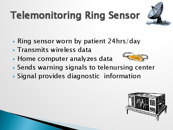 Telemonitoring Ring Sensor § § § Ring sensor worn by patient 24 hrs/day Transmits