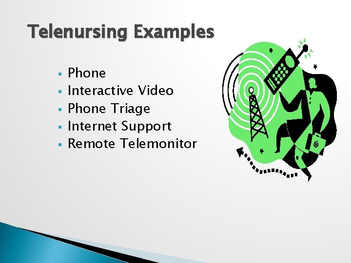 Telenursing Examples § § § Phone Interactive Video Phone Triage Internet Support Remote Telemonitor