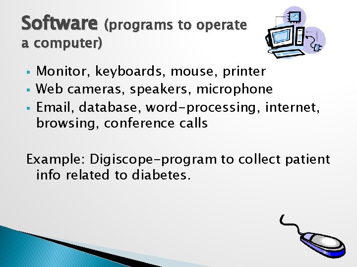 Software (programs to operate a computer) § § § Monitor, keyboards, mouse, printer Web