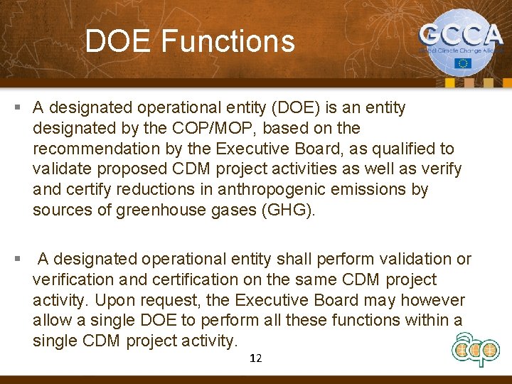 DOE Functions § A designated operational entity (DOE) is an entity designated by the