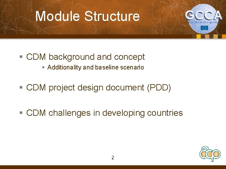 Module Structure § CDM background and concept § Additionality and baseline scenario § CDM