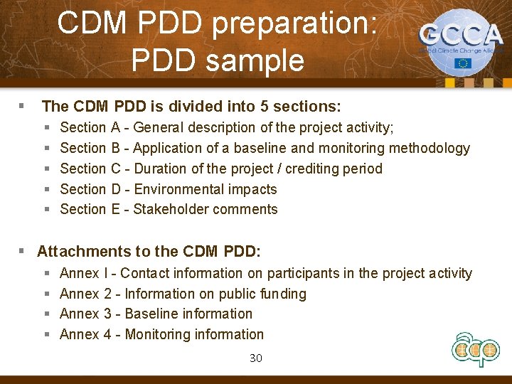 CDM PDD preparation: PDD sample § The CDM PDD is divided into 5 sections: