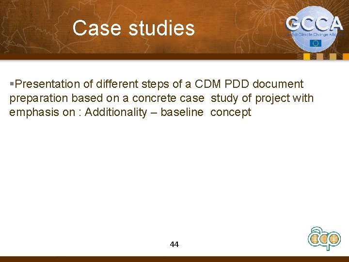 Case studies §Presentation of different steps of a CDM PDD document preparation based on