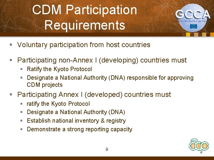 CDM Participation Requirements § Voluntary participation from host countries § Participating non-Annex I (developing)