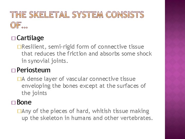 � Cartilage �Resilient, semi-rigid form of connective tissue that reduces the friction and absorbs