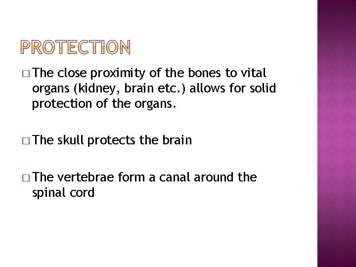 � The close proximity of the bones to vital organs (kidney, brain etc. )