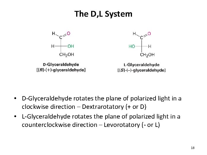 The D, L System • D-Glyceraldehyde rotates the plane of polarized light in a