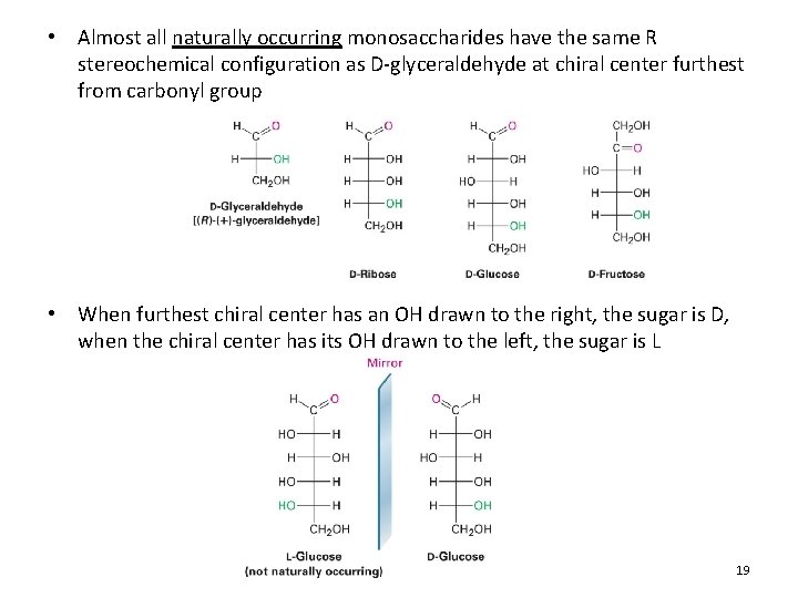  • Almost all naturally occurring monosaccharides have the same R stereochemical configuration as