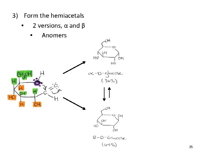 3) Form the hemiacetals • 2 versions, α and β • Anomers 25 