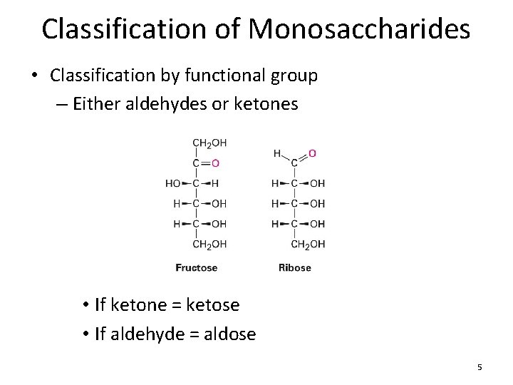 Classification of Monosaccharides • Classification by functional group – Either aldehydes or ketones •