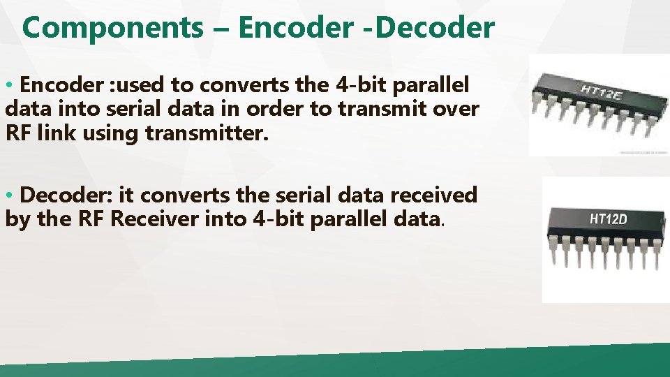 Components – Encoder -Decoder • Encoder : used to converts the 4 -bit parallel