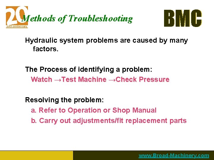 Methods of Troubleshooting BMC Hydraulic system problems are caused by many factors. The Process