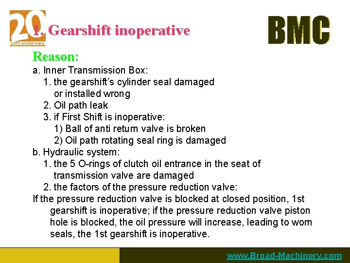 1. Gearshift inoperative Reason: BMC a. Inner Transmission Box: 1. the gearshift’s cylinder seal