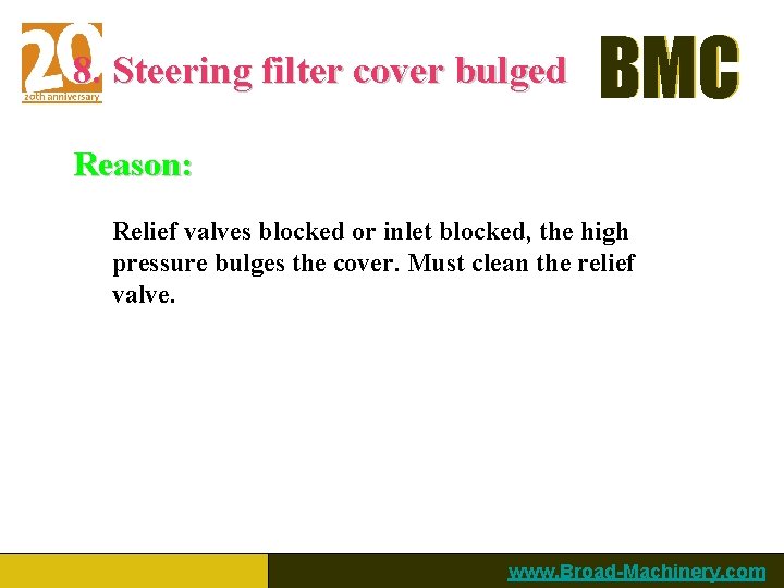 8. Steering filter cover bulged BMC Reason: Relief valves blocked or inlet blocked, the