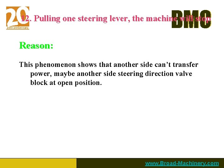 BMC 12. Pulling one steering lever, the machine will stop Reason: This phenomenon shows