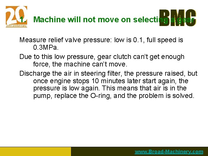 BMC 1. Machine will not move on selecting a gear Measure relief valve pressure: