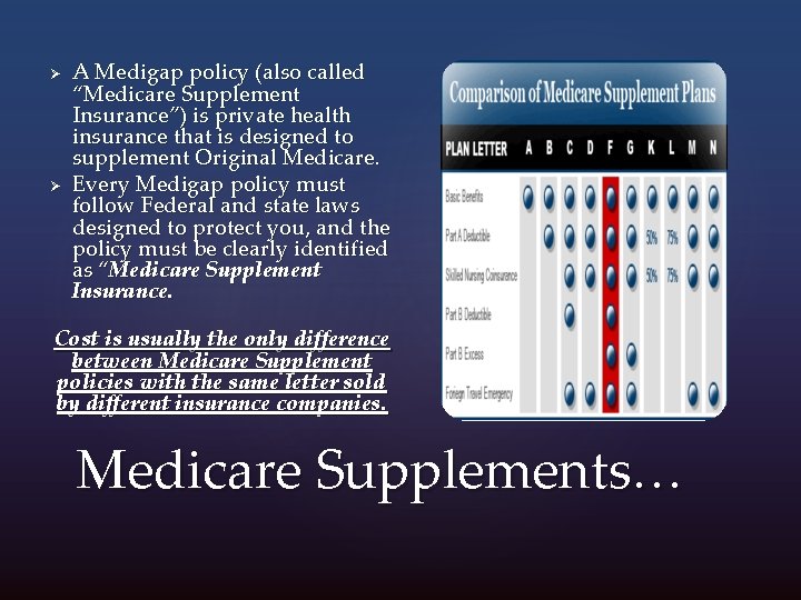 Ø Ø A Medigap policy (also called “Medicare Supplement Insurance”) is private health insurance