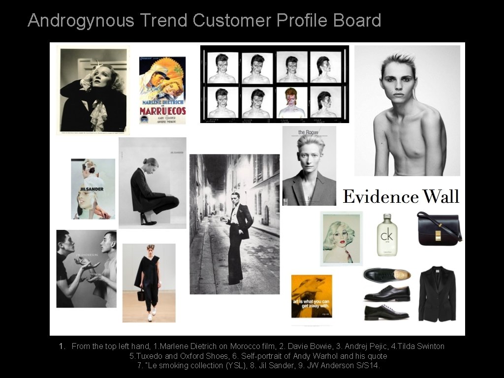Androgynous Trend Customer Profile Board 1. From the top left hand, 1. Marlene Dietrich