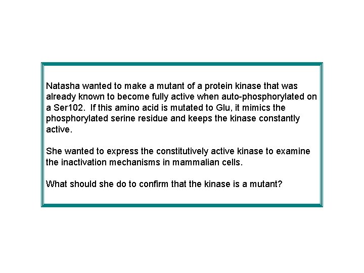 Natasha wanted to make a mutant of a protein kinase that was already known Natasha wanted to make a mutant of a protein kinase that was already known