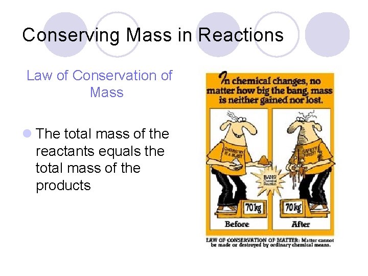 Conserving Mass in Reactions Law of Conservation of Mass l The total mass of