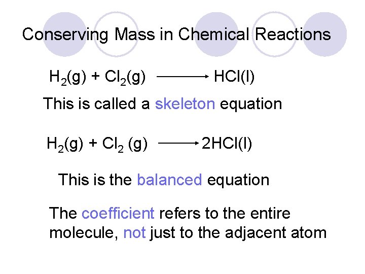 Conserving Mass in Chemical Reactions H 2(g) + Cl 2(g) HCl(l) This is called